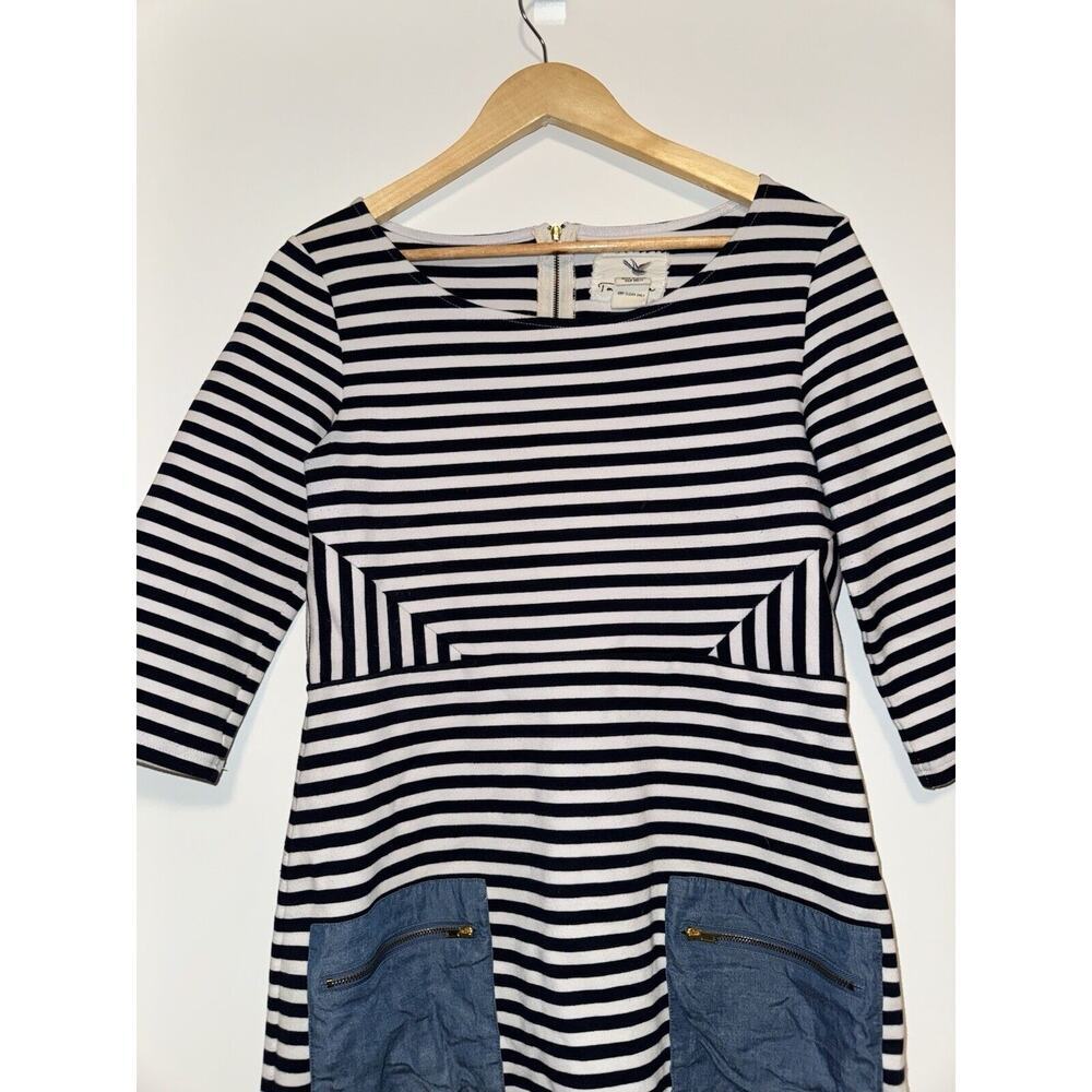 Tabitha Anthropologie Size 8 Marin Striped Sheath Dress Blue White 3/4 Sleeve - Picture 3 of 9